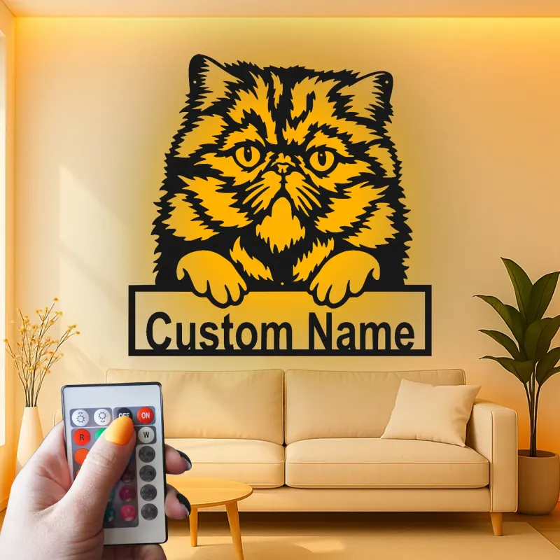 Cartel de metal LED de gato persa personalizado, regalo para amantes de mascotas, decoración para dormitorio o sala de estar 2