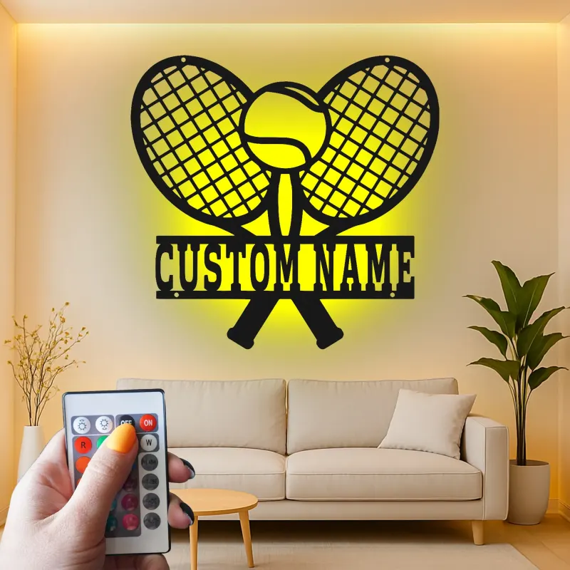 Cartel de metal LED de raquetas de tenis personalizado, regalo para amantes del tenis, decoración de sala de juegos 1