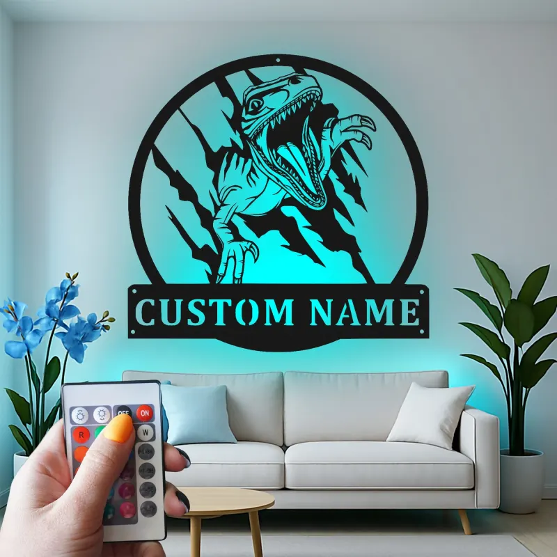 Décoration murale en métal personnalisée avec lumière LED en forme de dinosaure pour la chambre ou la salle de jeux des enfants