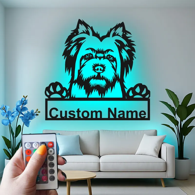 Custom Yorkshire Terrier Led Light Metal Wall Art Personalized Dog Lover Gift Living Room Pet Decor