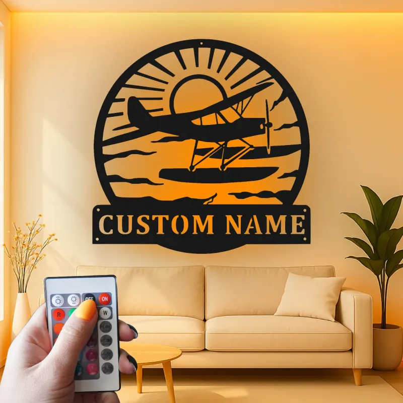 Insegna in metallo per idrovolante personalizzata | Arte murale LED personalizzata | Decorazione per piloti e casa al lago