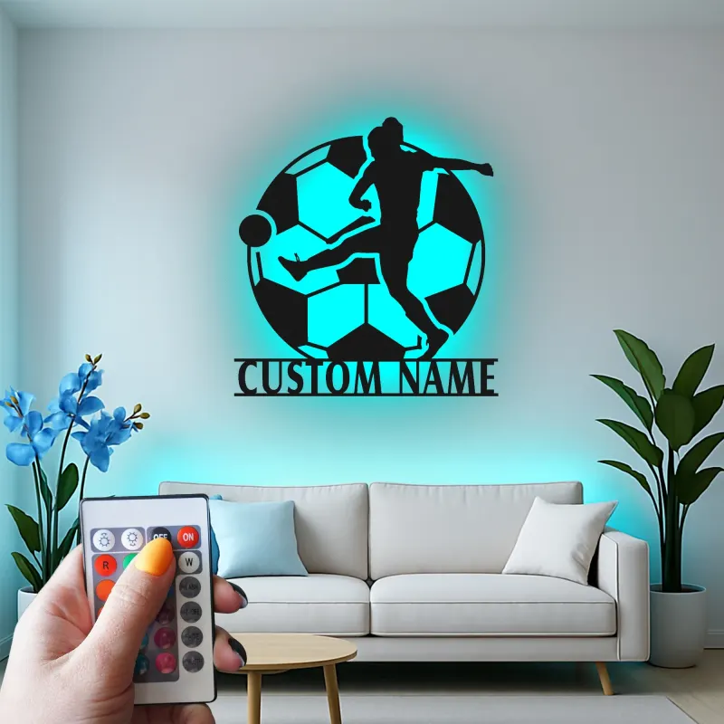 Cartel LED de Jugador de Fútbol Personalizado | Decoración Mural de Metal Personalizada | Decoración de Habitación de Adolescentes y Regalo Deportivo para Atletas