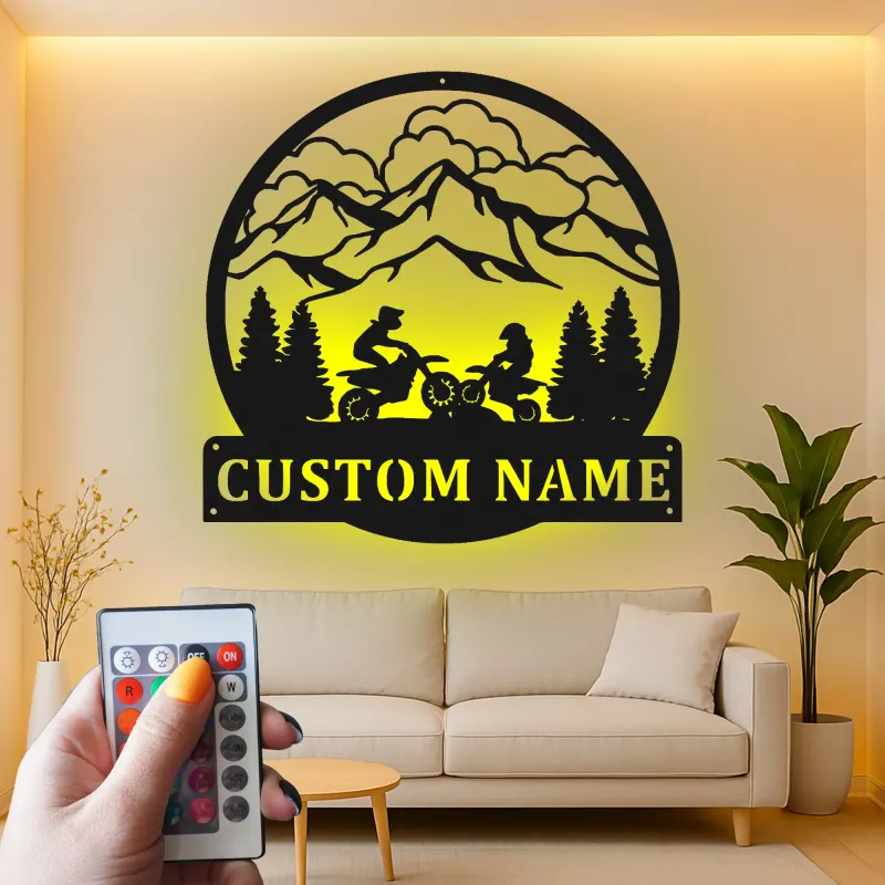 Custom Dirt Bike Mountain Scene Led Light Metal Wall Art Gift for Bikers Adventure Decor for Garage or Man Cave