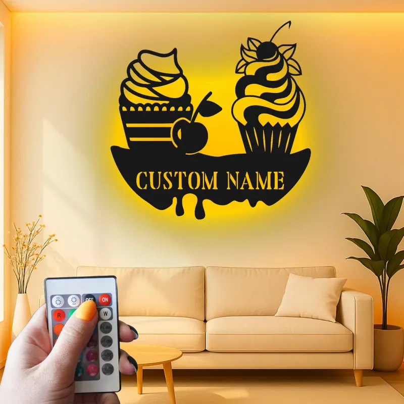 Décoration murale en métal personnalisée avec éclairage LED de cupcake - Décor de cuisine - Cadeau sucré pour les boulangers