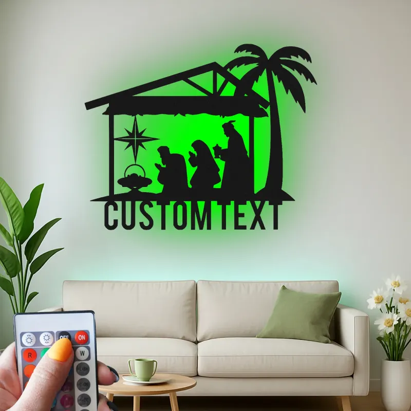 Panneau LED personnalisé de crèche | Art mural en métal pour Noël | Décor religieux de fête | Idée cadeau pour famille chrétienne