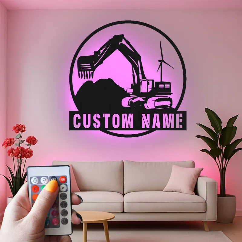 Personalisierte LED-Metall-Wandkunst mit Bagger – Geschenk für Bauprofis, Garagen- oder Bürodeko
