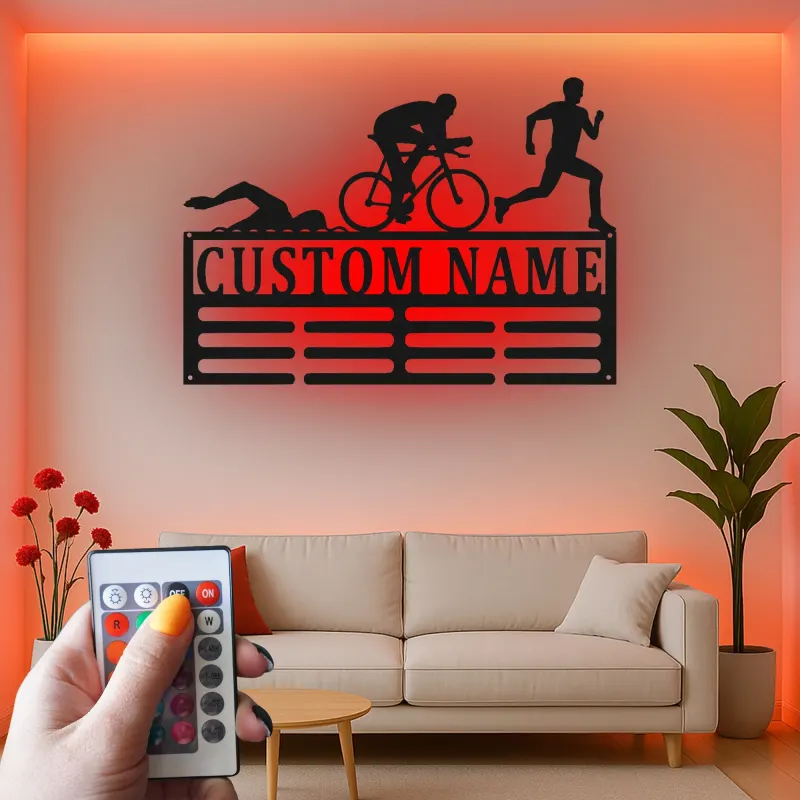 Insegna in metallo personalizzata Triathlon con luce LED regalo personalizzato per atleti decorazione per home gym per triatleti
