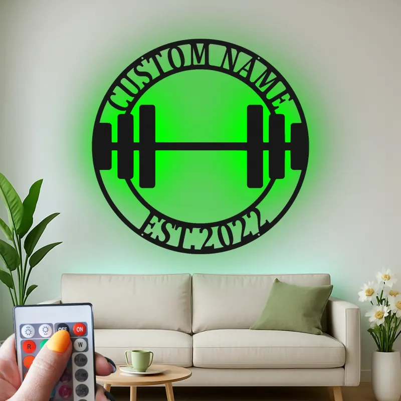 Insegna palestra personalizzata con luce LED | Decorazione murale in metallo personalizzata per casa e studio fitness | Idea regalo per weightlifting