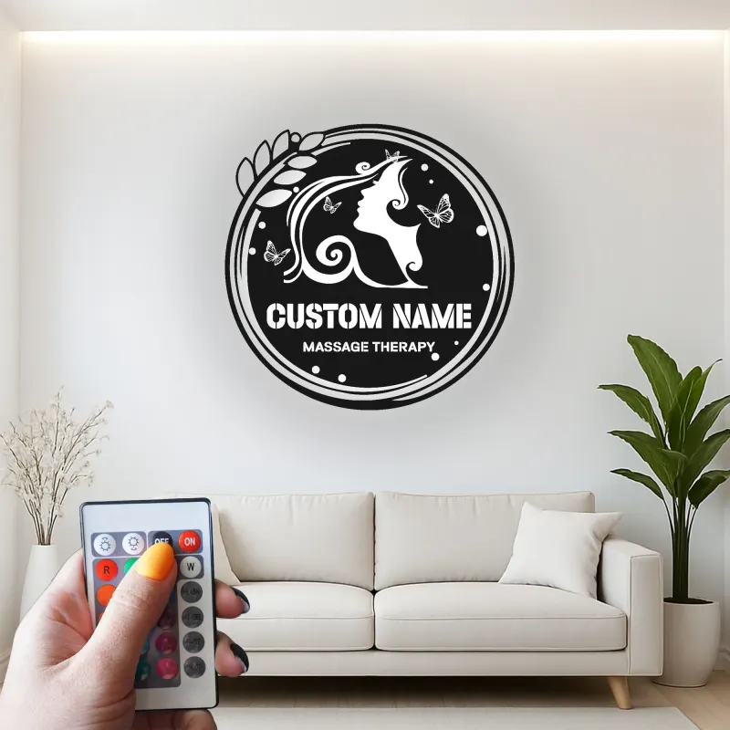 Insegna LED in metallo personalizzata | Arte murale con silhouette femminile | Logo aziendale retroilluminato per spa, centro massaggi, salone | Decorazione profilo donna farfalla