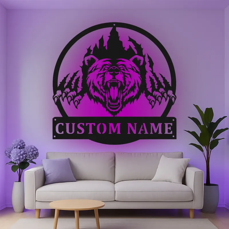 Personalisierte LED-beleuchtete Metall-Wandkunst mit Bären - Rustikales Geschenk für Tierliebhaber