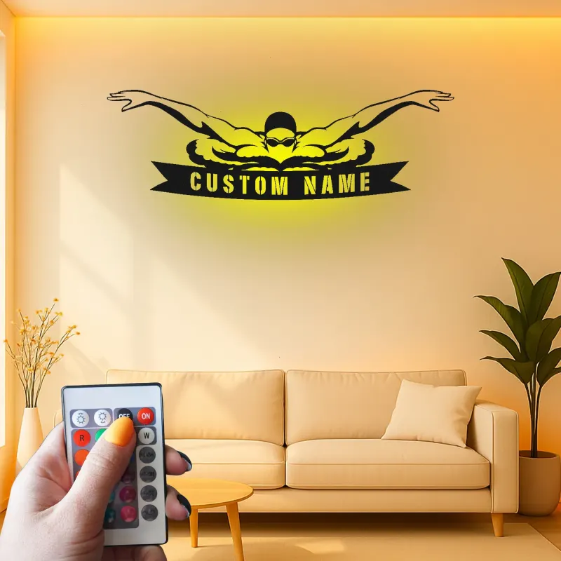 Panneau en métal LED pour nageur personnalisé | Cadeau pour équipe de natation | Silhouette d'athlète éclairée | Décor pour entraîneur de natation