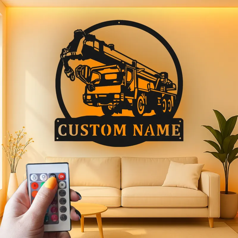 Personalisierte LED-Metall-Wandkunst mit Kranwagen – Geschenk für Bauarbeiter, Garage oder Werkstatt