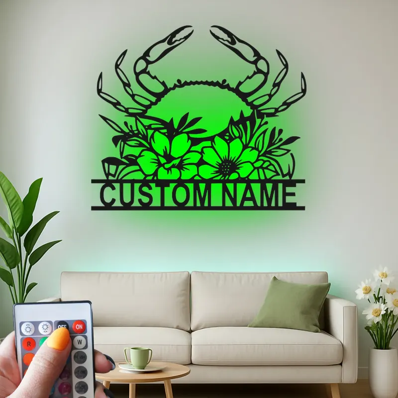 Personalisierte Krabbe mit Blumenmotiv – LED-Metall-Wandkunst, Küstengeschenk für Strandhaus-Deko