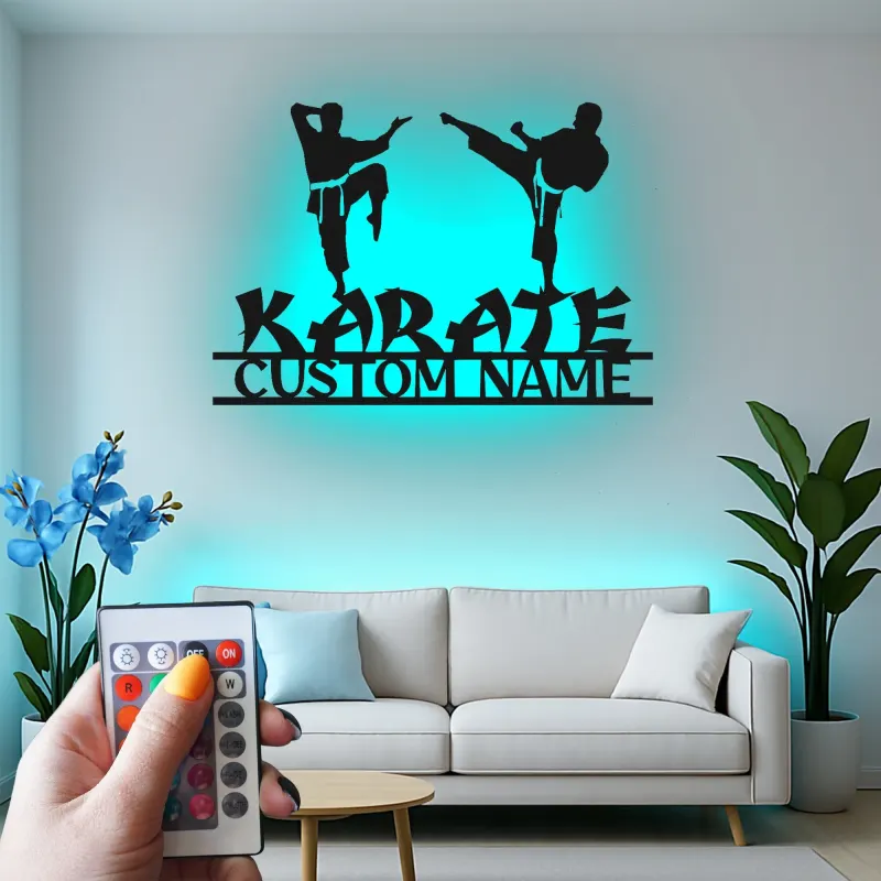 Insegna LED personalizzata per Karate | Arte in metallo per arti marziali | Decorazione per dojo e studio domestico per combattenti cintura nera