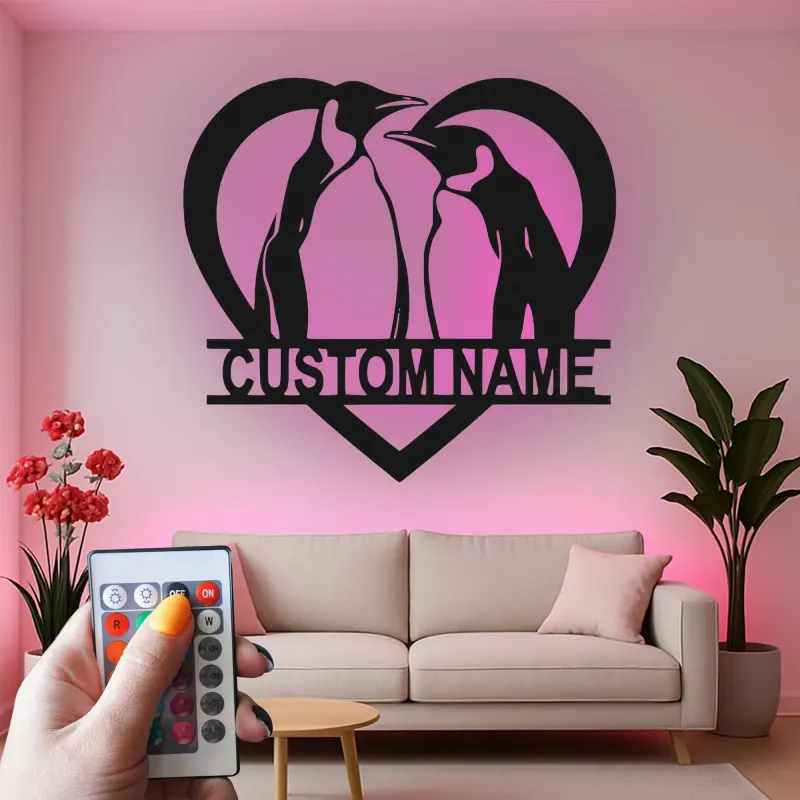 Cartel de metal LED personalizado de pareja de pingüinos regalo para decoración de dormitorio o salón