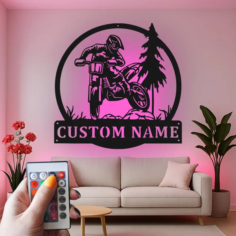 Décoration murale en métal personnalisée pour motocross avec rétroéclairage LED - Cadeau pour lui, décoration de garage ou de man cave 1