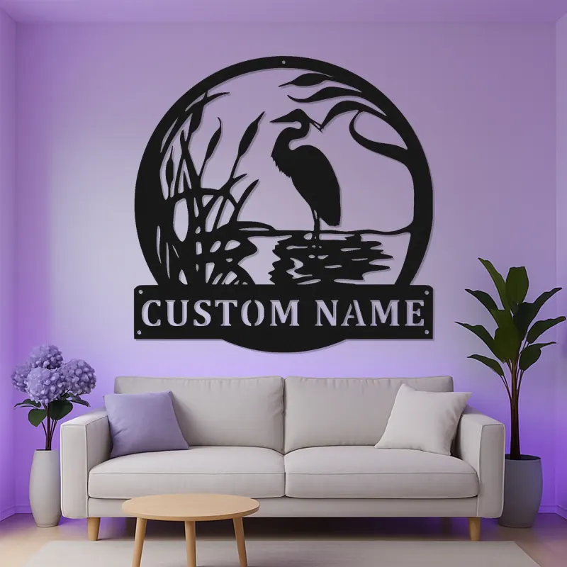 Panneau mural en métal personnalisé héron avec LED | Décoration murale personnalisée pour maison de lac | Cadeau pour amoureux de la nature | Déco oiseau