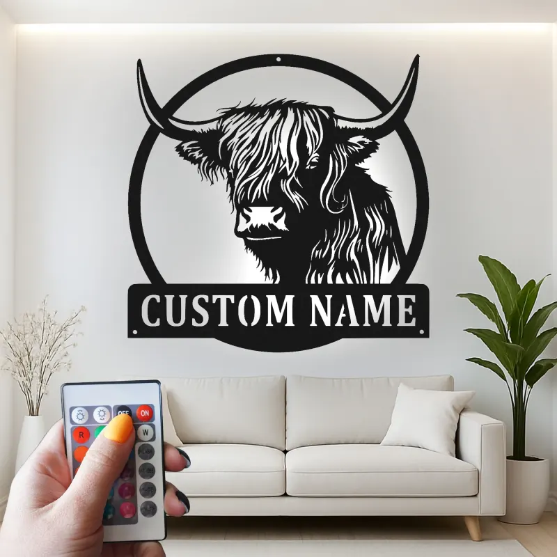 Highland Cow LED Metal Wall Art | Custom Ranch Sign | Personalized Farmhouse Decor Gift for Home & Business