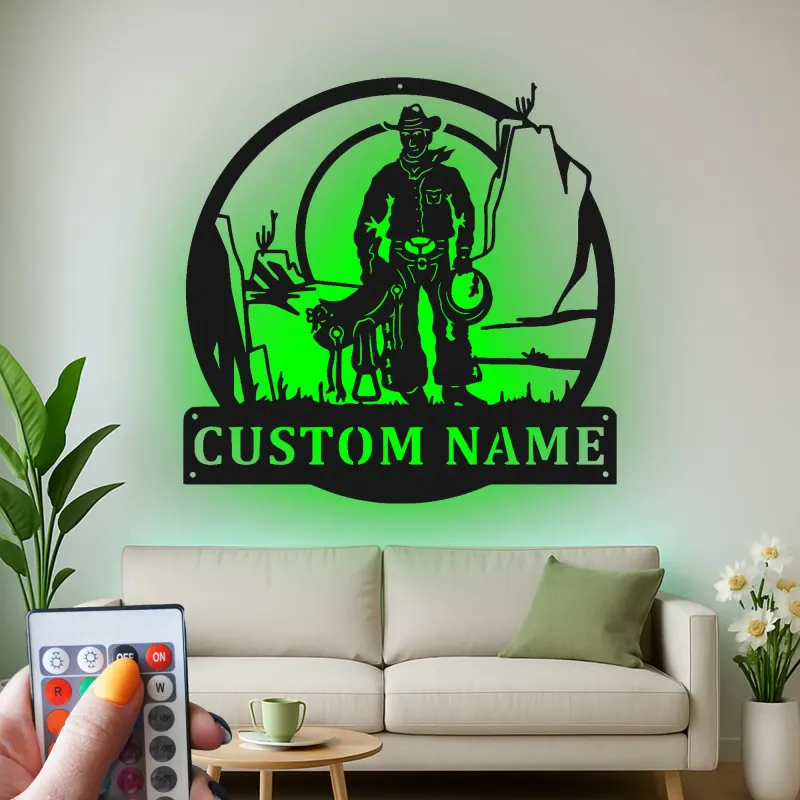 Cartel de metal personalizado con luz LED de vaquero y perro, regalo western para él, decoración rústica para el salón