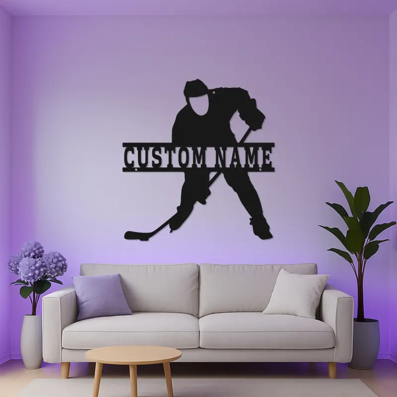 Insegna in Metallo Personalizzata per Giocatore di Hockey | Arte Murale LED Personalizzata | Decorazione per Hockey su Ghiaccio per Sala Giochi | Regalo per Fan
