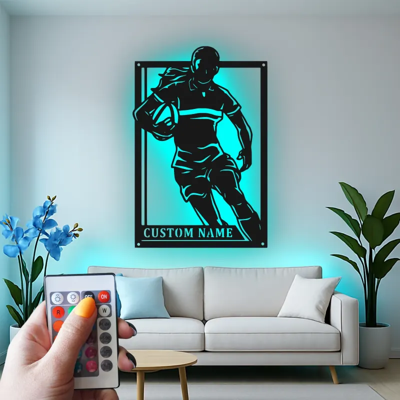 Insegna in metallo LED personalizzata per giocatrice di rugby | Decorazione murale per atleta con nome | Regalo per camera da ragazza rugbista