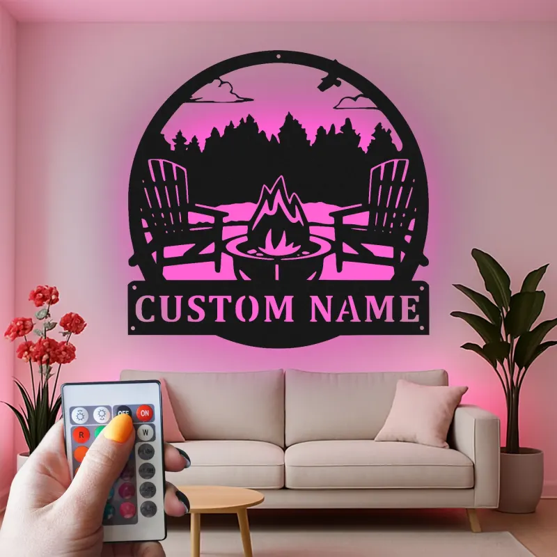 Cartel de metal personalizado con luz LED de escena de fogata para regalo al aire libre