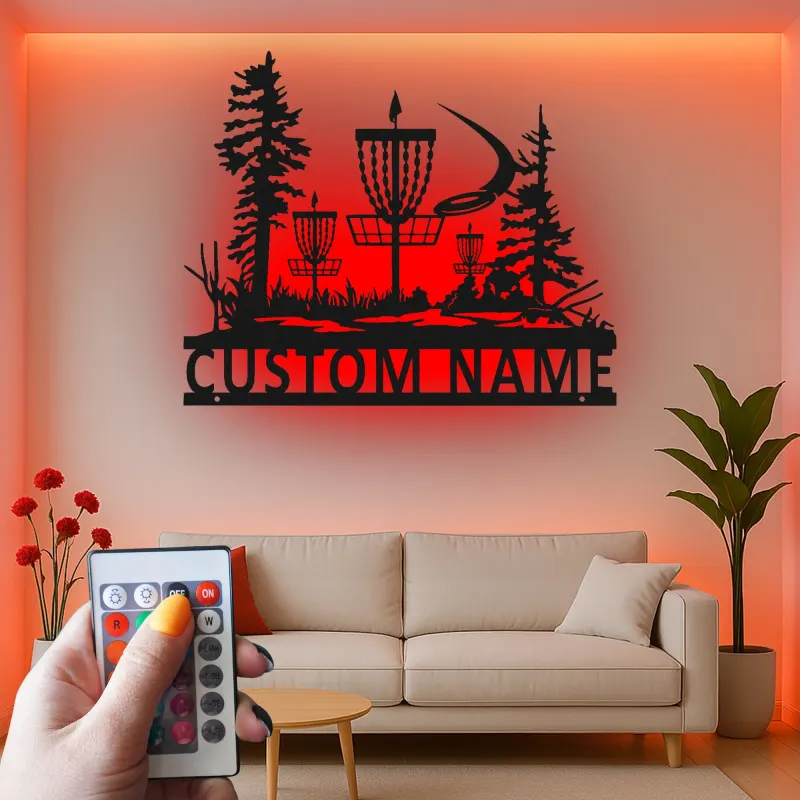 Décoration murale en métal personnalisée avec rétroéclairage LED pour panier de disc golf - Cadeau personnalisé pour disc golfers