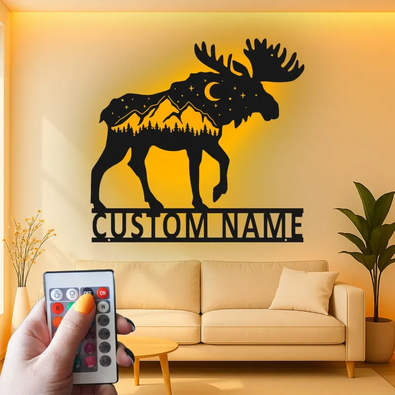 Personalized Moose Metal Wall Art | LED Wildlife Sign | Custom Name Cabin Decor | Rustic Mountain Hunter Gift