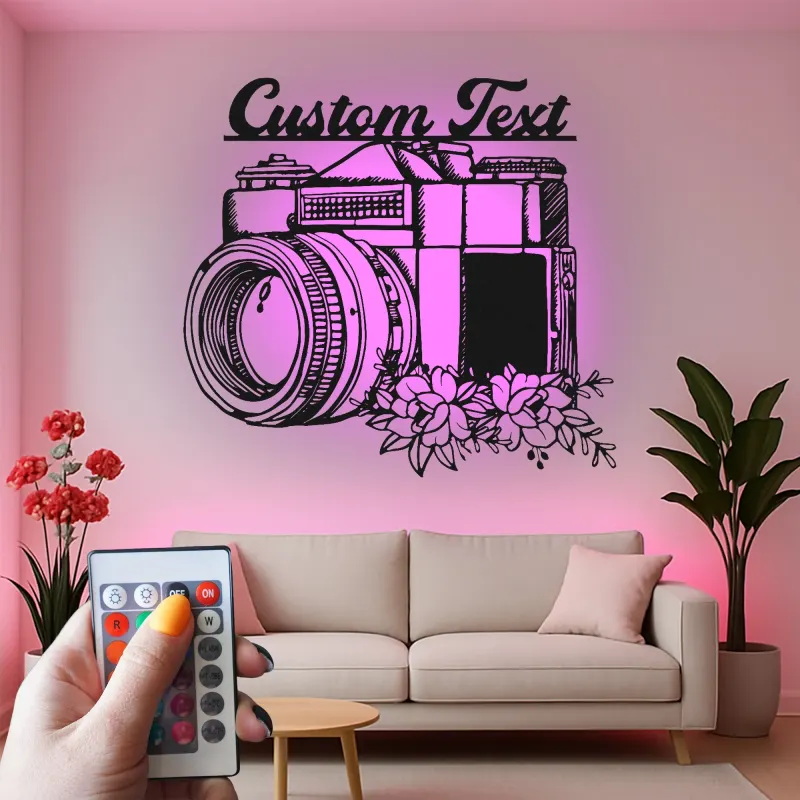 Custom Camera Led Light Metal Wall Art Personalized Photographer Gift Studio or Office Decor
