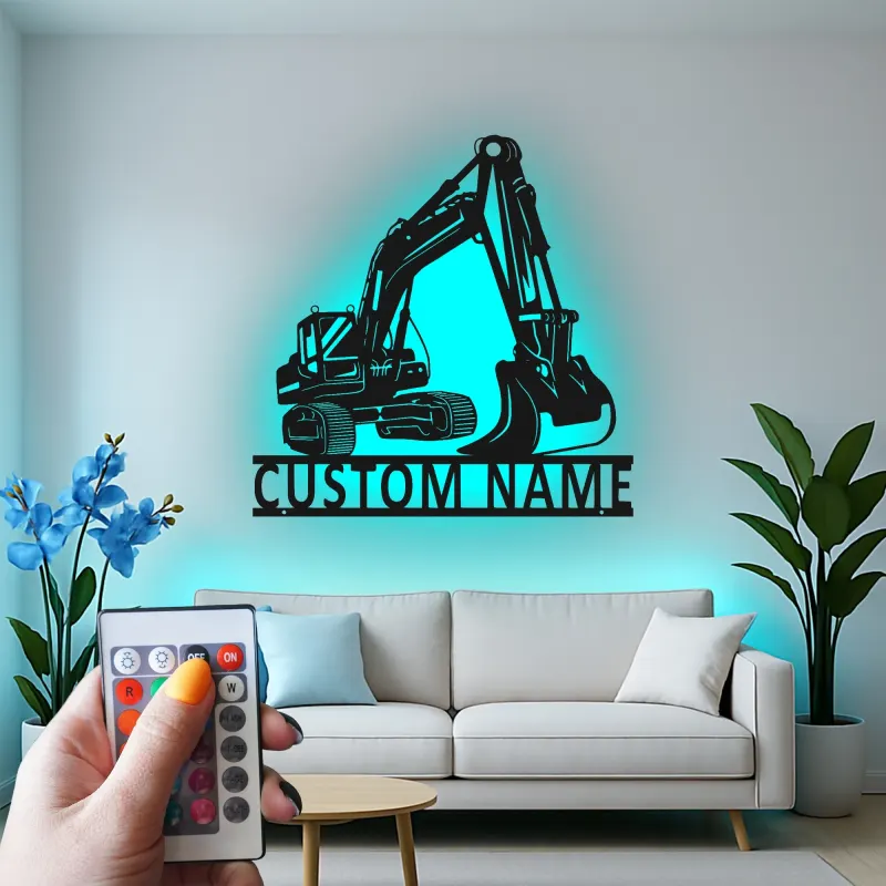 Custom Excavator Metal Sign | LED Light Wall Art | Construction Decor | Gift for Equipment Operator | Personalized Garage Sign