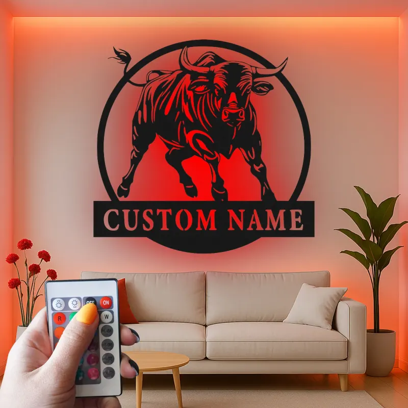 Insegna in metallo personalizzata con luce LED a forma di toro, regalo per lui, decorazione rustica per il ranch