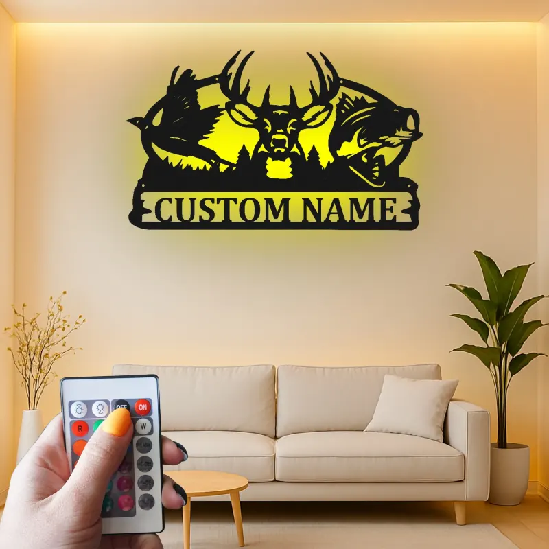 Cartel LED de escena de caza personalizado | Silueta de ciervo, pez y faisán de metal | Decoración personalizada para cabañas de vida silvestre | Regalo premium para cazadores