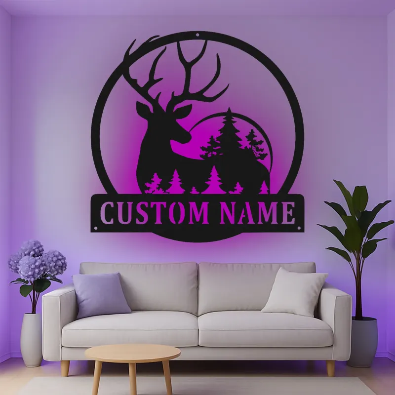 Cartel de metal personalizado con silueta de ciervo y luz LED, regalo para amantes de la naturaleza, decoración rústica para cabañas