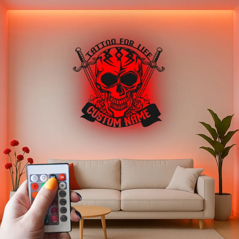 Personalized Skull & Swords LED Sign | Custom Tattoo Metal Wall Art | Gothic Home & Studio Decor | Unique Backlit Name Plaque