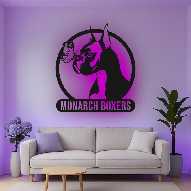 Insegna in metallo personalizzata con cane Boxer e farfalla luce LED regalo unico per amanti dei cani decorazione per soggiorno