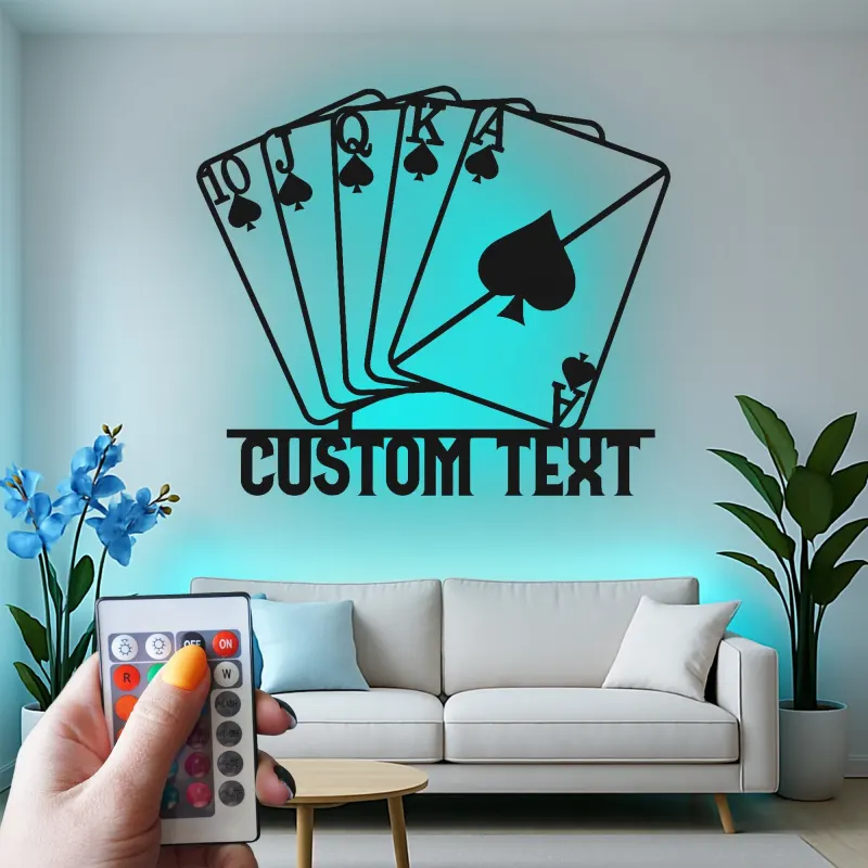 Arte da parete in metallo Royal Flush | Insegna LED personalizzata per sala giochi | Regalo decorativo per serata casino per lui