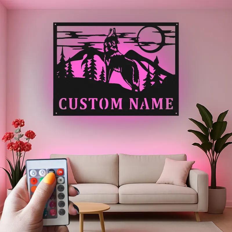 Insegna in metallo personalizzata con lupo che ulula e luce LED regalo per amante della natura decorazione per cabin o lodge