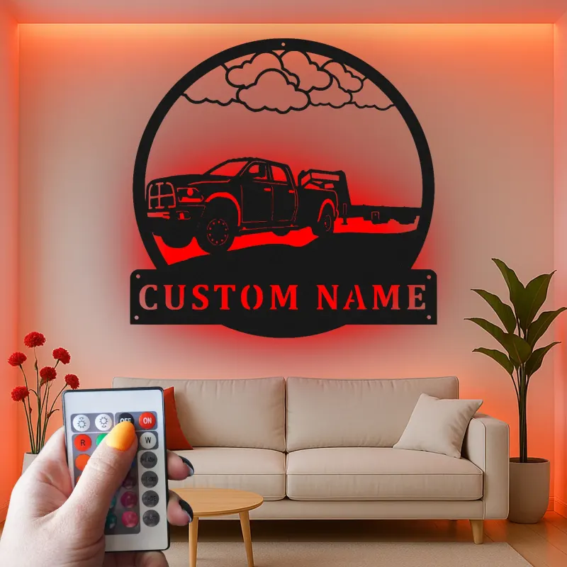 Insegna LED in metallo con pickup personalizzato | Arte murale con rimorchio gooseneck | Decorazione garage con nome per lui | Regalo per camionisti