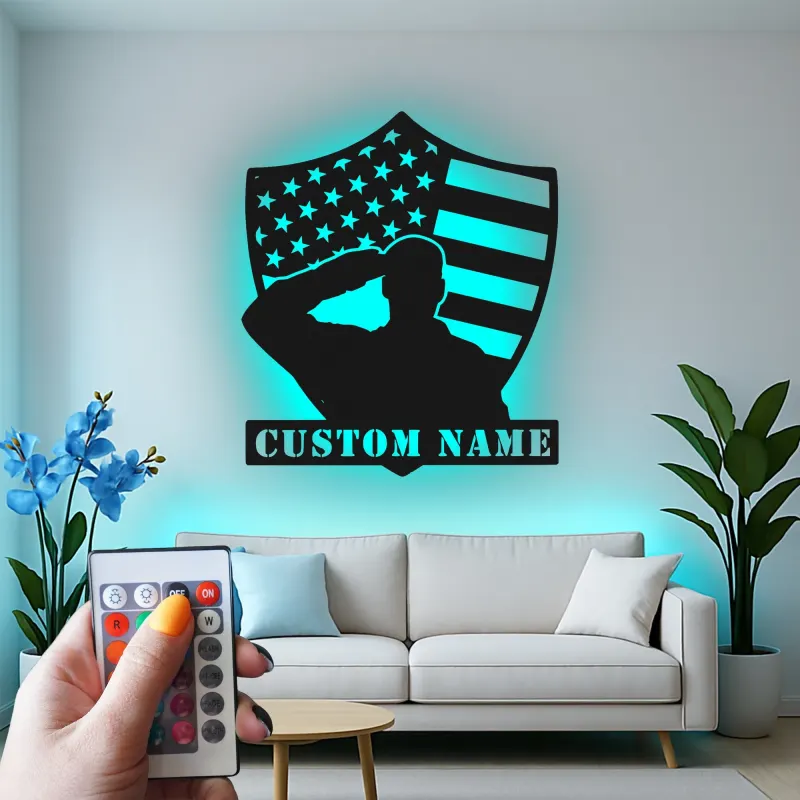Saluting Soldier LED Metal Wall Art | Personalized Veteran Gift | Custom Military Name Sign for Man Cave