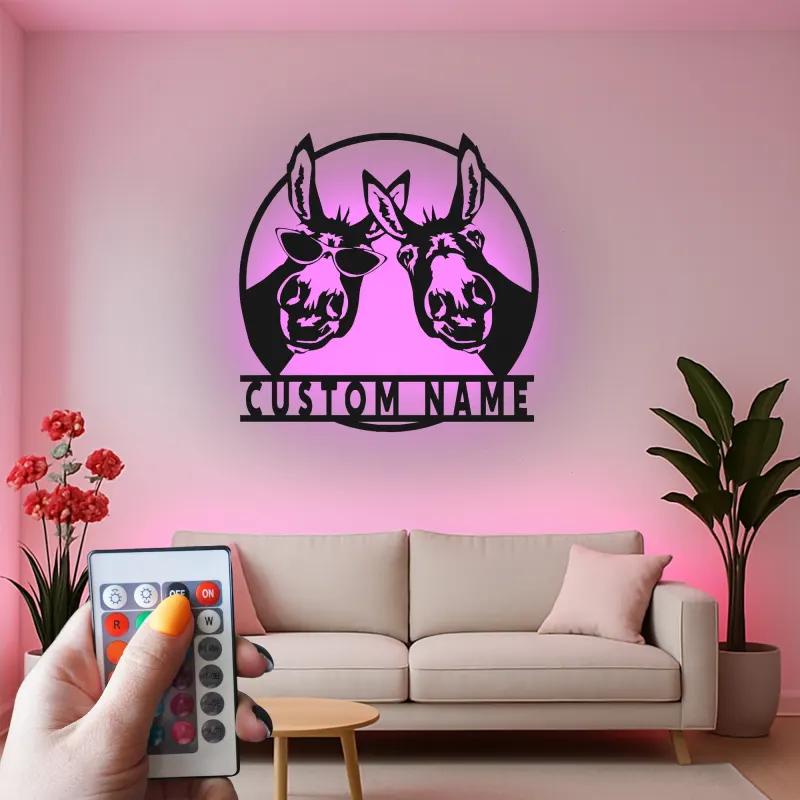 Insegna in metallo LED Donkey Duo personalizzata regalo rustico per la casa