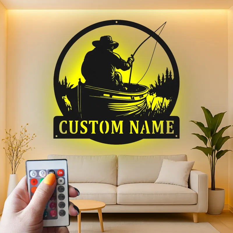 Insegna in metallo personalizzata per pescatore | Arte murale luminosa LED | Arredo pesca con nome su misura per casa al lago e pescatori