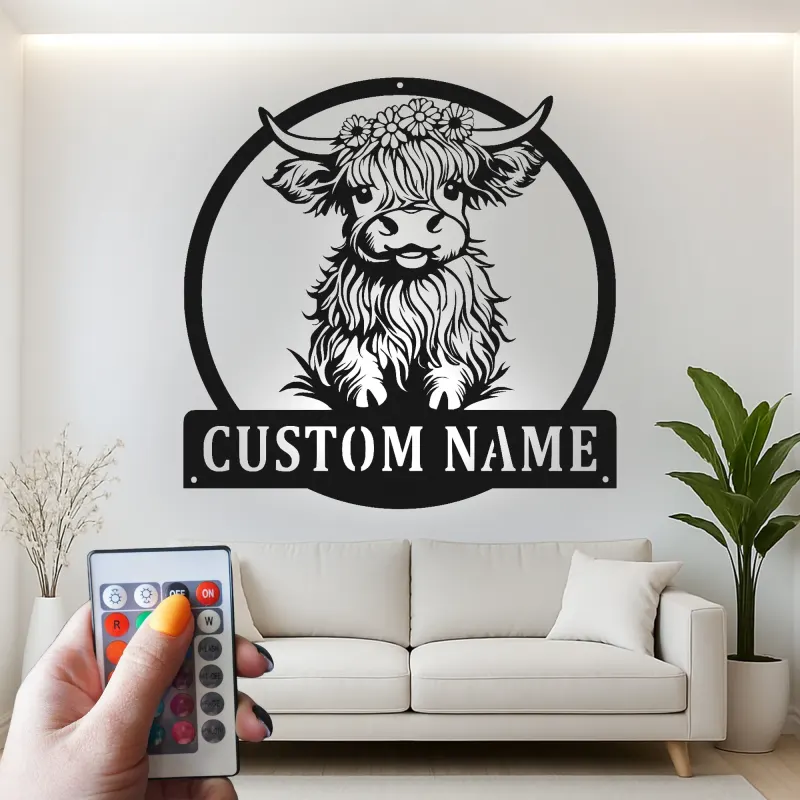 Arte da parete in metallo LED Highland Cow | Insegna con nome personalizzata per decorazione della casa di campagna | Regalo su misura per ranch e nursery