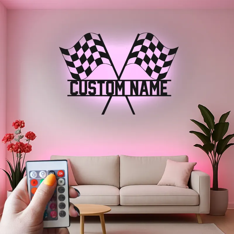 Cartel de metal LED personalizado de banderas de carreras - Regalo para entusiastas de los coches - Decoración para garajes o man caves 2