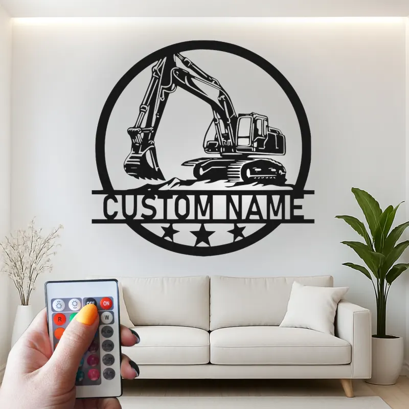 Décoration murale en métal LED personnalisée pour excavateur - Cadeau pour passionnés de construction, décoration de garage ou de bureau