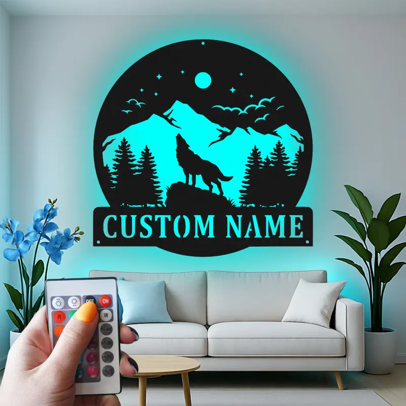 Custom Wolf Mountain Scene Led Light Metal Wall Art Personalized Gift for Nature Lovers Rustic Cabin Decor