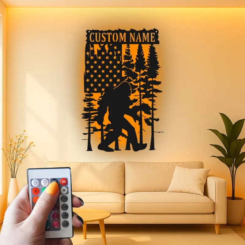 Custom Bigfoot American Flag Led Light Metal Wall Art Unique Gift for Outdoor Enthusiasts Rustic Cabin Decor