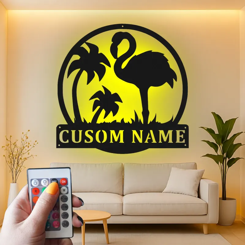 Cartel LED de flamenco personalizado | Arte mural de metal personalizado | Decoración tropical para patio y salón