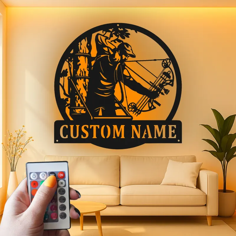 Custom Bow Hunter Led Light Metal Wall Art Personalized Gift for Archers Man Cave or Hunting Lodge Decor