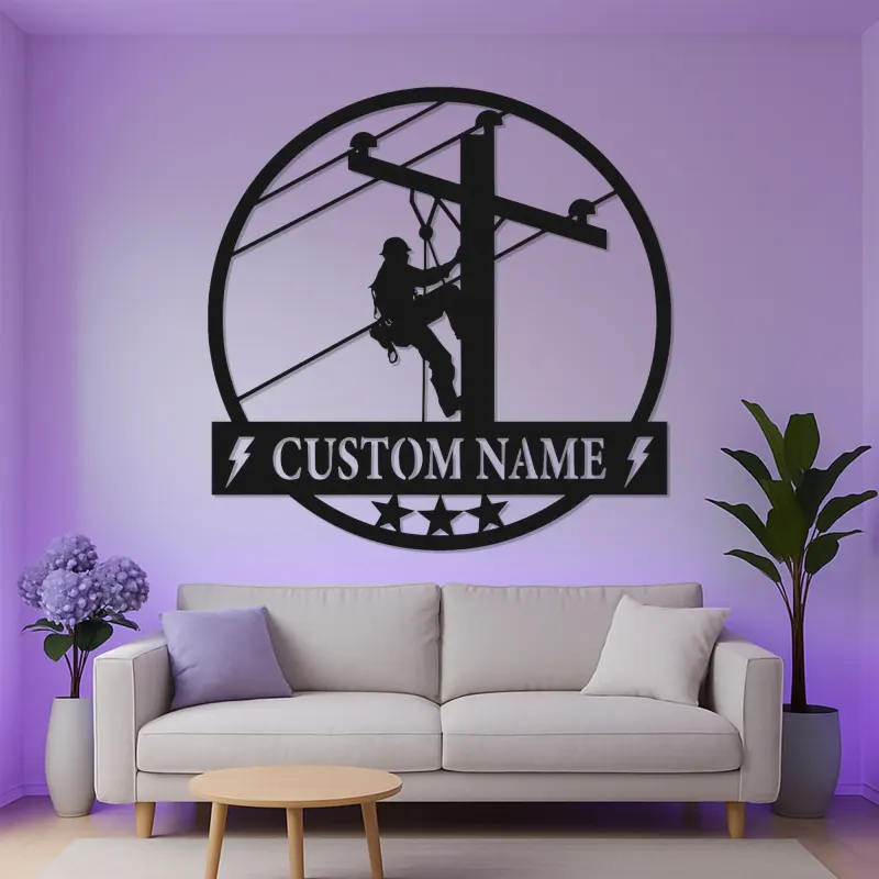 Décoration murale LED en métal Lineman | Cadeau personnalisé pour électricien | Plaque prénom sur mesure pour agent de réseau | Déco de man cave