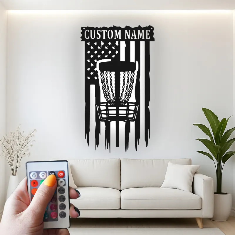 Insegna in metallo personalizzata con LED a forma di cestino per disc golf - Regalo per appassionati di disc golf - Decorazione per sala giochi sportiva